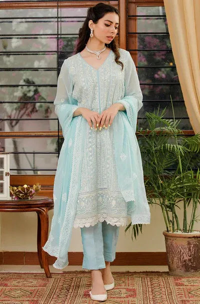 3 Piece Unstitched Chiffon Embroidered - Sea Breeze