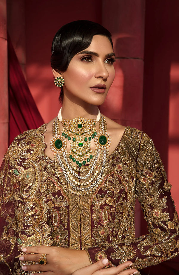 Zuleikha - Elegant Maroon Bridal Dress with Gold Accents