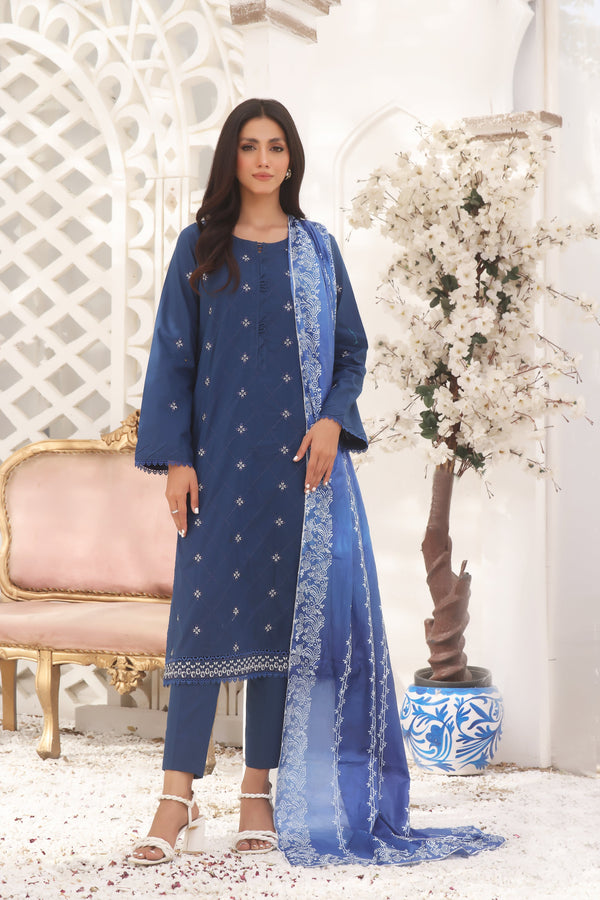 3 Piece Cotton Embroidered (Stitched) - Blue Orchide