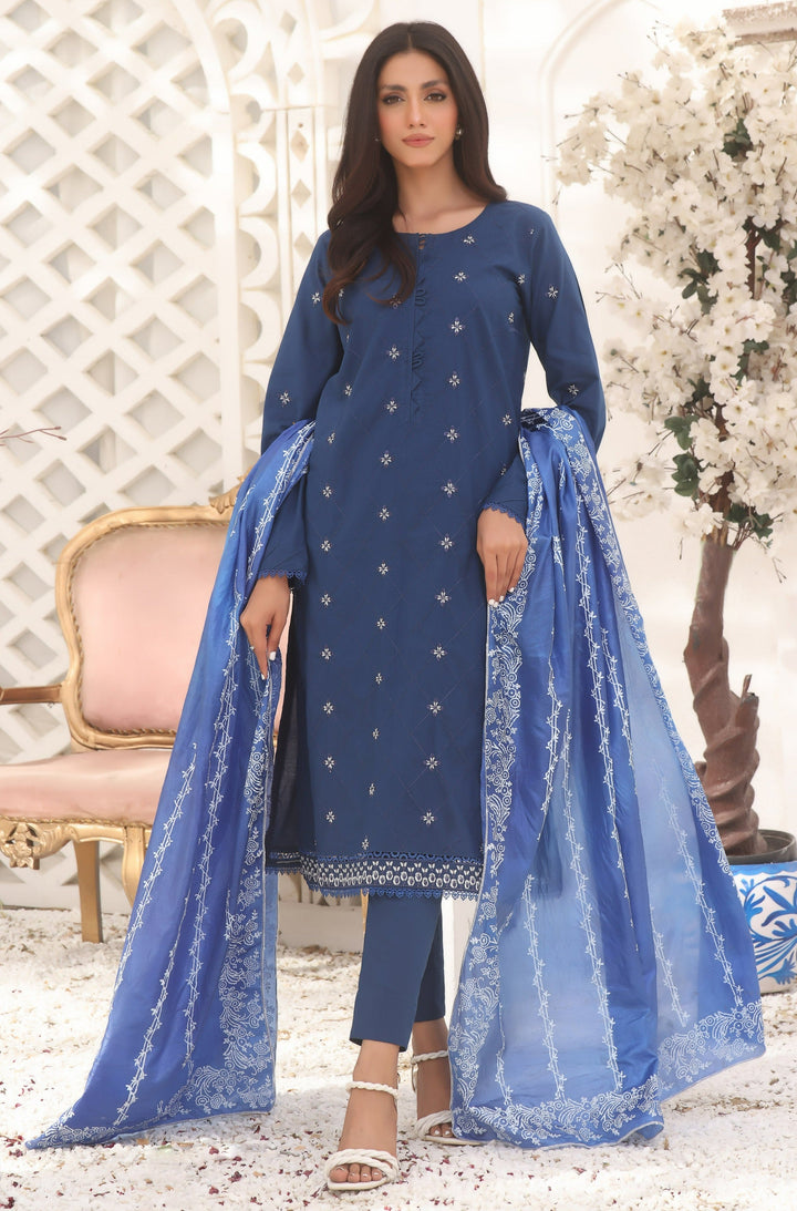 3 Piece Cotton Embroidered (Stitched) - Blue Orchide Fascino Official