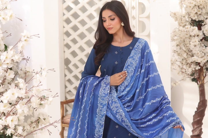 3 Piece Cotton Embroidered (Stitched) - Blue Orchide Fascino Official