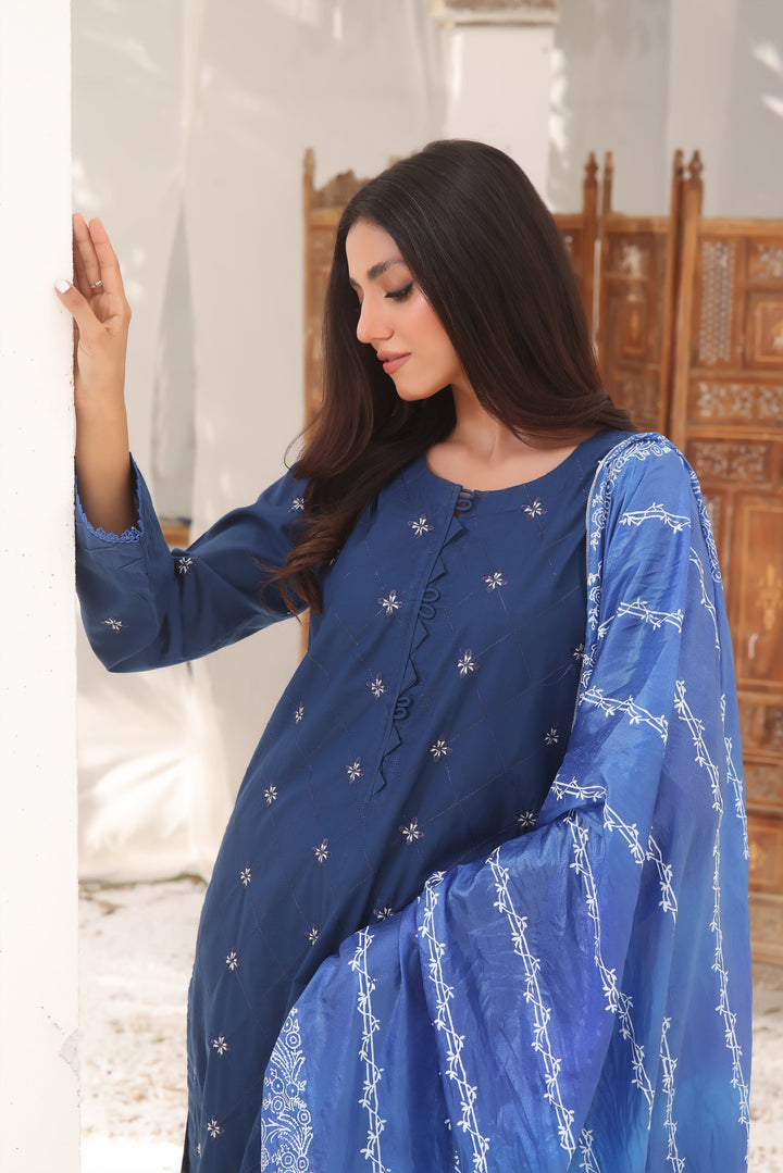 3 Piece Cotton Embroidered (Stitched) - Blue Orchide Fascino Official