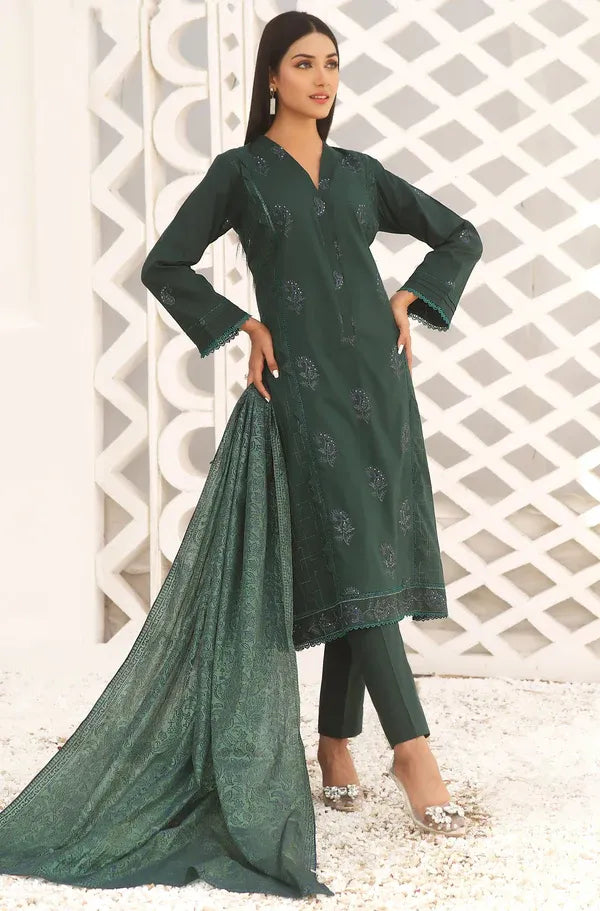 3 Piece Cotton Embroidered (Stitched) - Lemon Grass