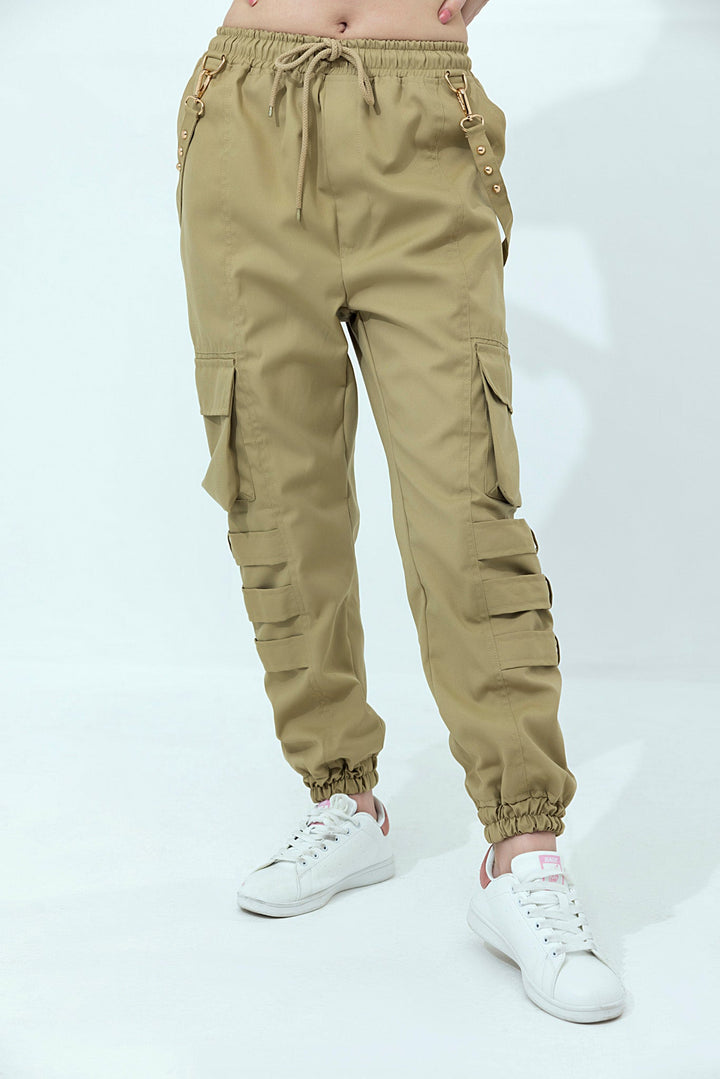 Women's khaki cargo pants.