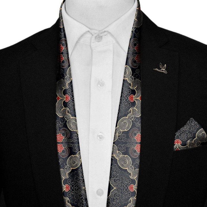 ABSTRACT IKAT SILK SCARF WITH LAPEL PIN AND POCKET SQUARE Black Wolf