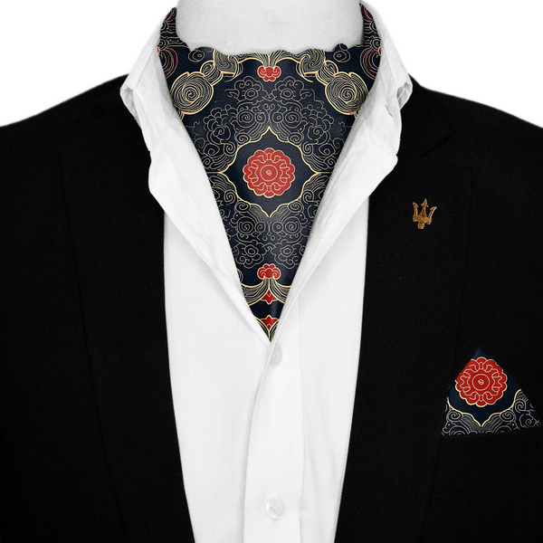 ABSTRACT IKAT SILK ASCOT WITH LAPEL PIN AND POCKET SQUARE Black Wolf