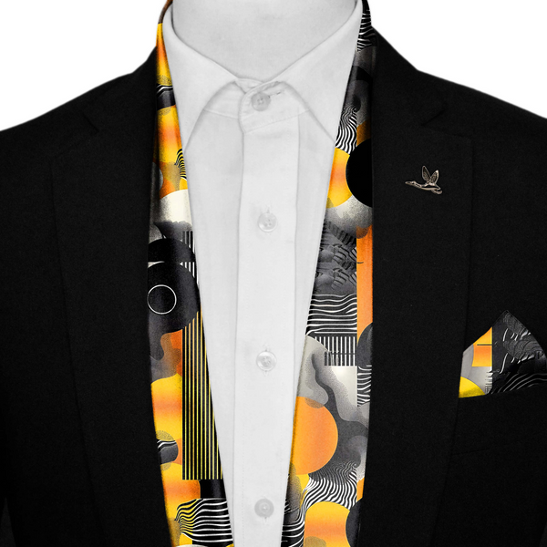 ABSTRACT VINTAGE SILK SCARF WITH LAPEL PIN AND POCKET SQUARE Black Wolf
