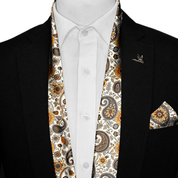 A DITSY PAISLEY SILK SCARF WITH LAPEL PIN AND POCKET SQUARE