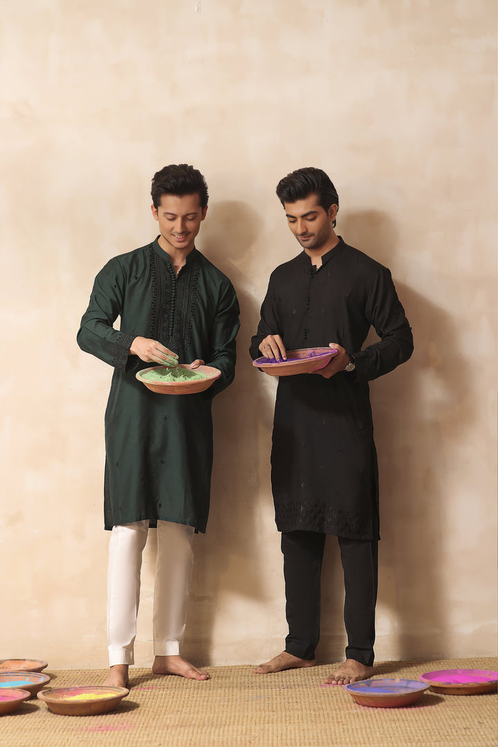 ER KH 660 Black Self Embroidery Resham Work Blended Fabric Kurta Pajama FOr Men Edge Republic
