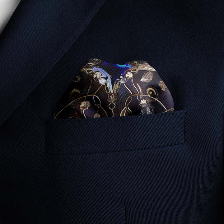 A CIRCULAR GOLD FLORAL POCKET SQUARE Black Wolf