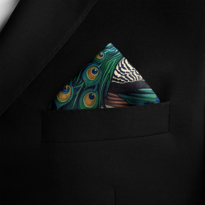 A MAJESTIC PEACOCK SILK POCKET SQUARE Black Wolf