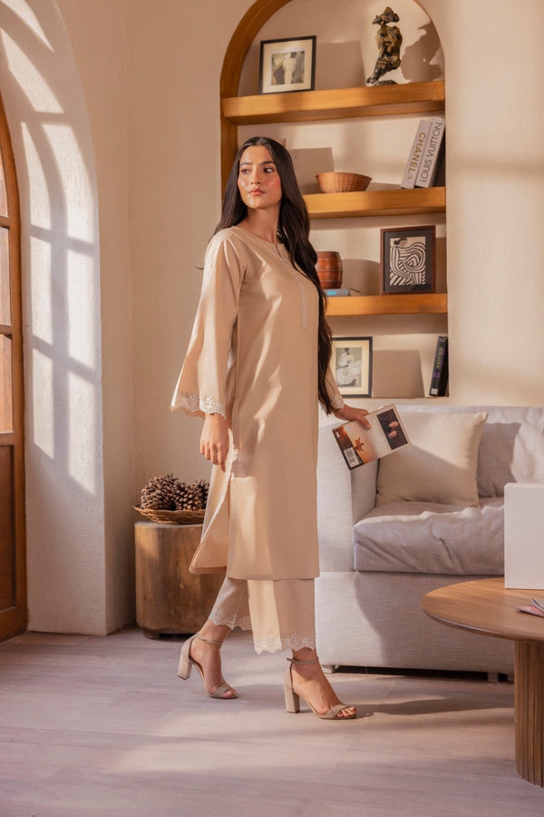 Beige Schiffli Embroidered Cotton Lawn 2PC Suit