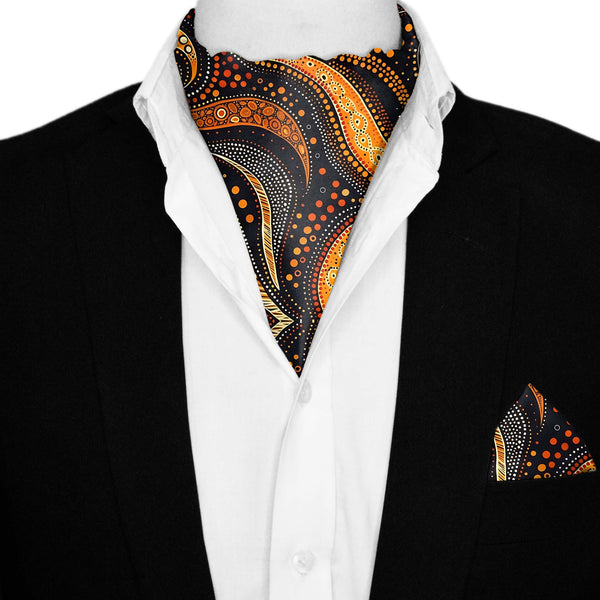 ABORIGINAL SILK ASCOT AND POCKET SQUARE SET – PREMIUM COLLECTION Black Wolf