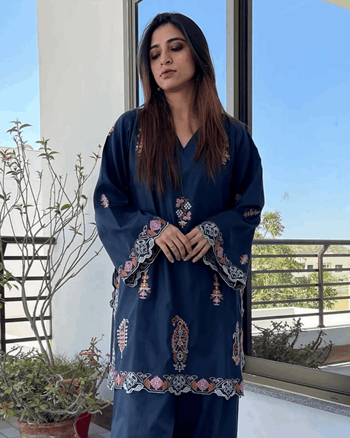 2 Piece Cotton Satin Embroidered Co- Ord Set with Farshi Shalwar