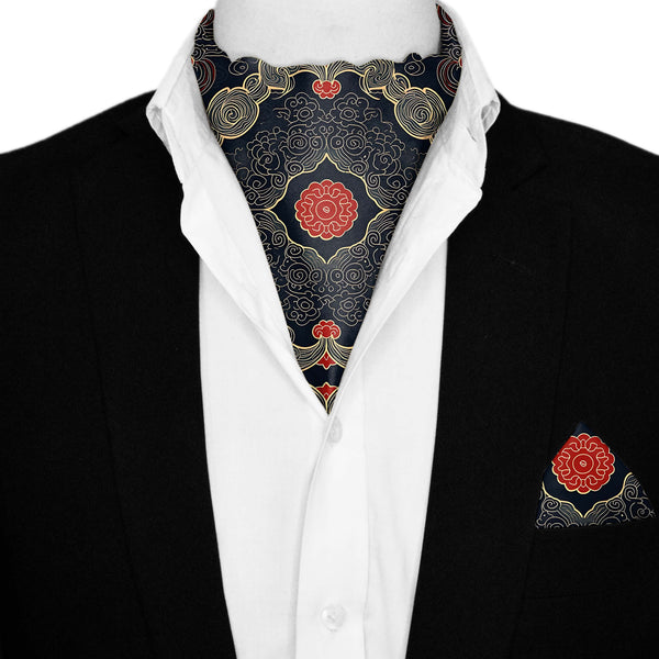 ABSTRACT IKAT SILK ASCOT AND POCKET SQUARE SET – PREMIUM COLLECTION Black Wolf