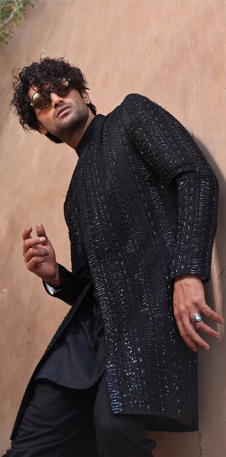 ER SH 102 Black Hand Work Sherwani For Groom Edge Republic