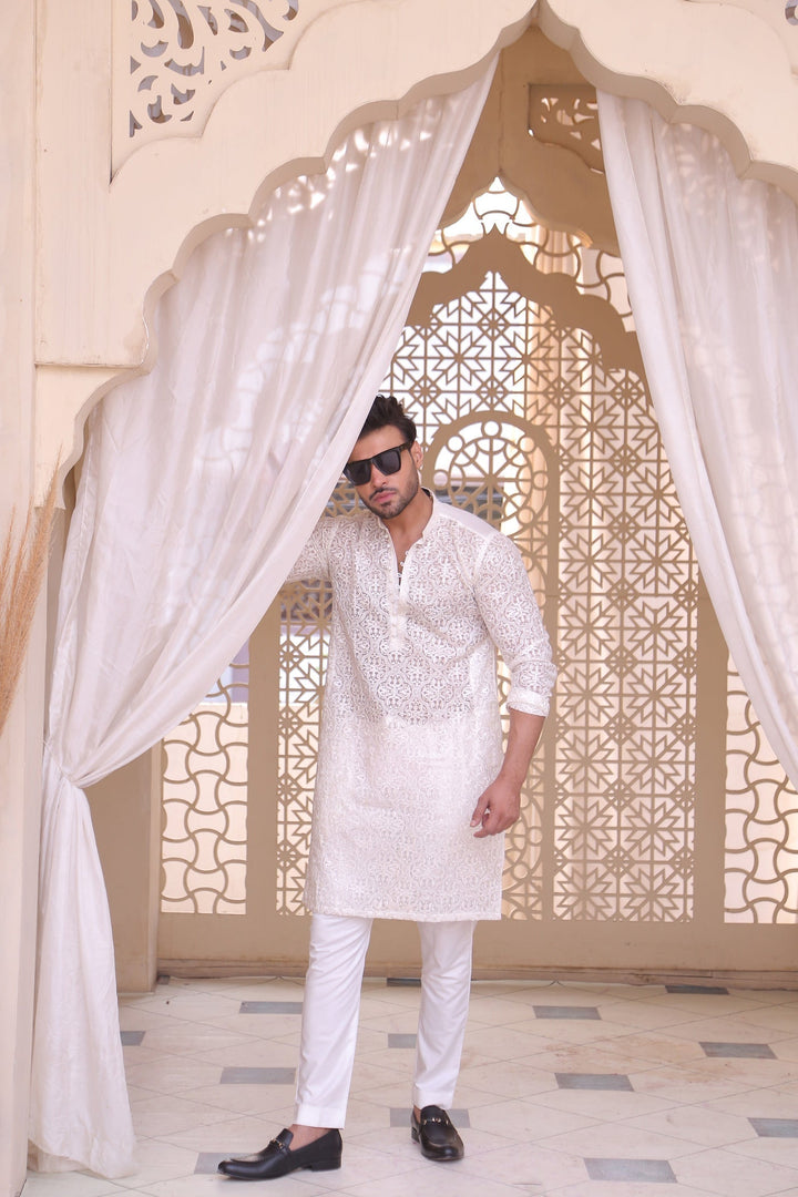 ER MR 40 White Chicken Kari See Through Fabric Kurta Pajama For Men Edge Republic
