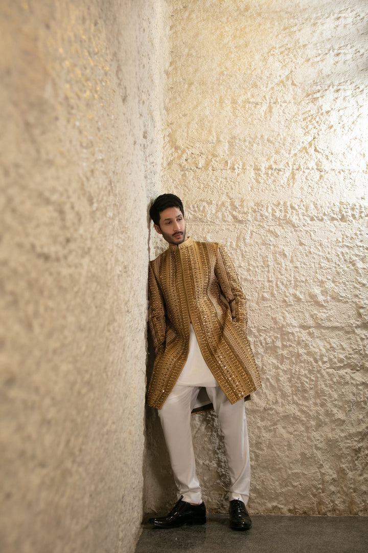 107 Copper Gold Hand Work Sherwani For Groom Edge Republic