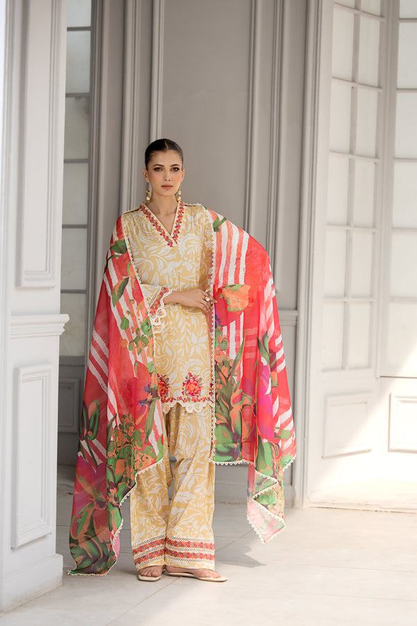Rang e Bahar – Embroidered Lawn Suit with Farshi Shalwar & Silk Dupatta