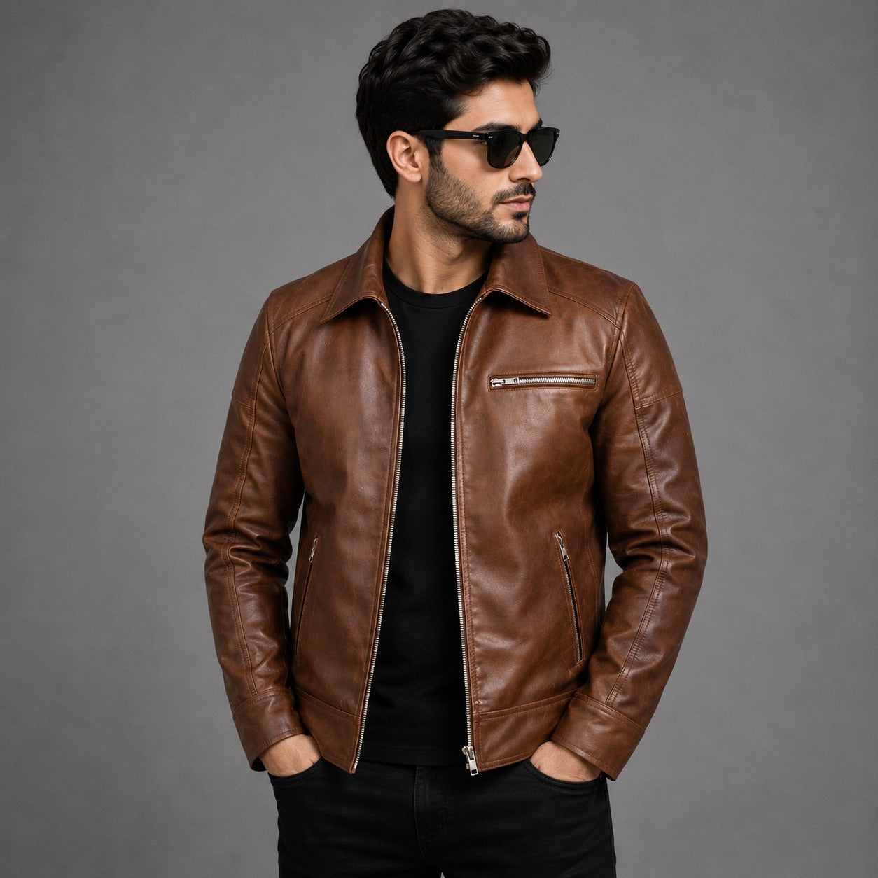 Brown Shirt Collar Vintage Leather Jacket