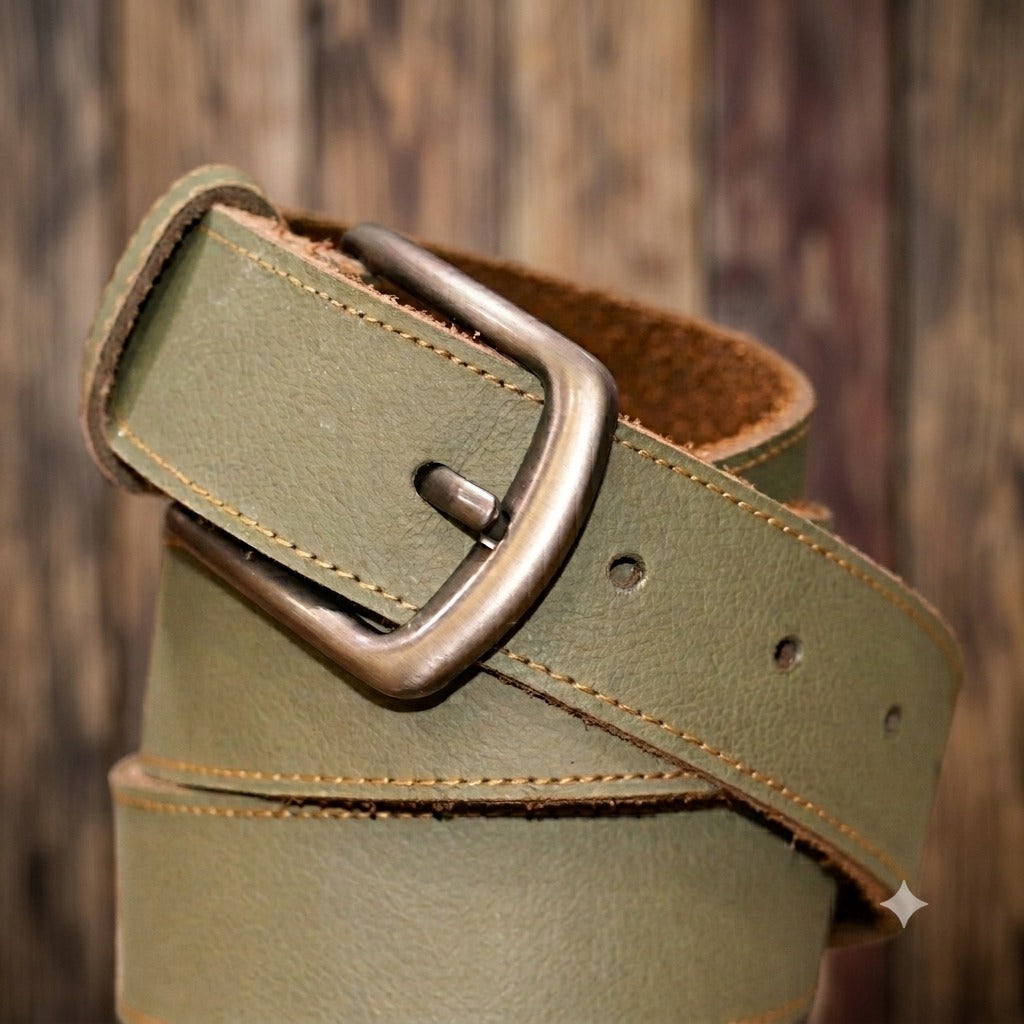 Classic Olive Green Leather Belt 1.5 Inches