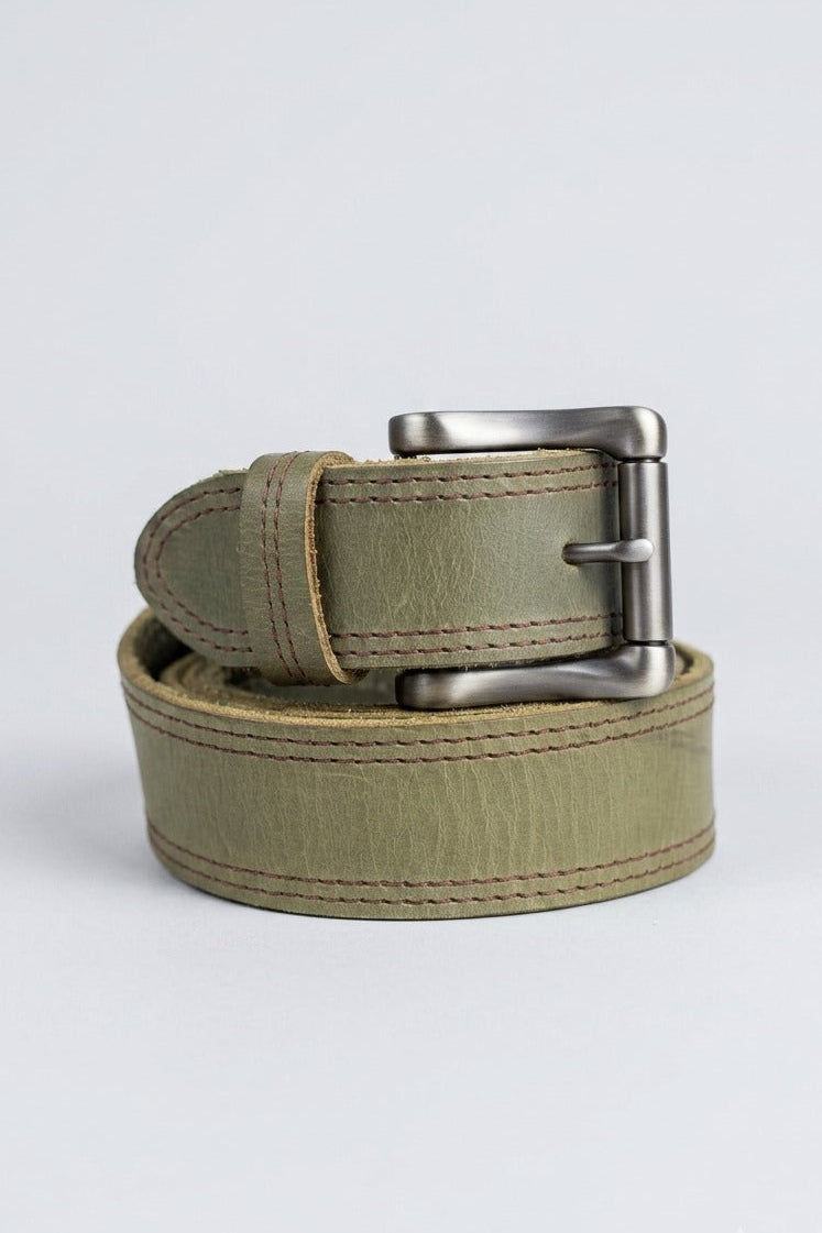 Classic Olive Green Leather Belt 1.5 Inches