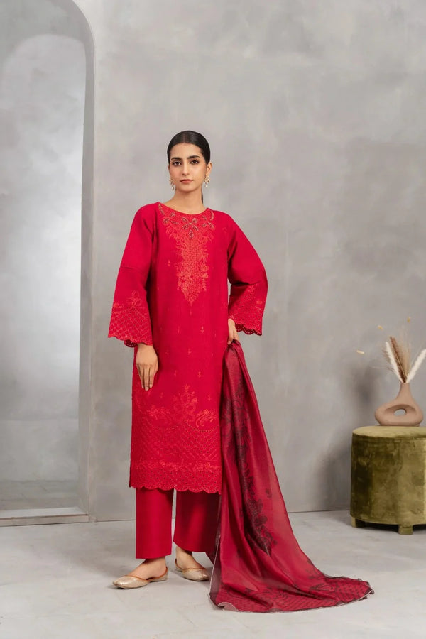 Red Traditional Dress Ruby Radiance 3 Piece Embroidered - Attirepret