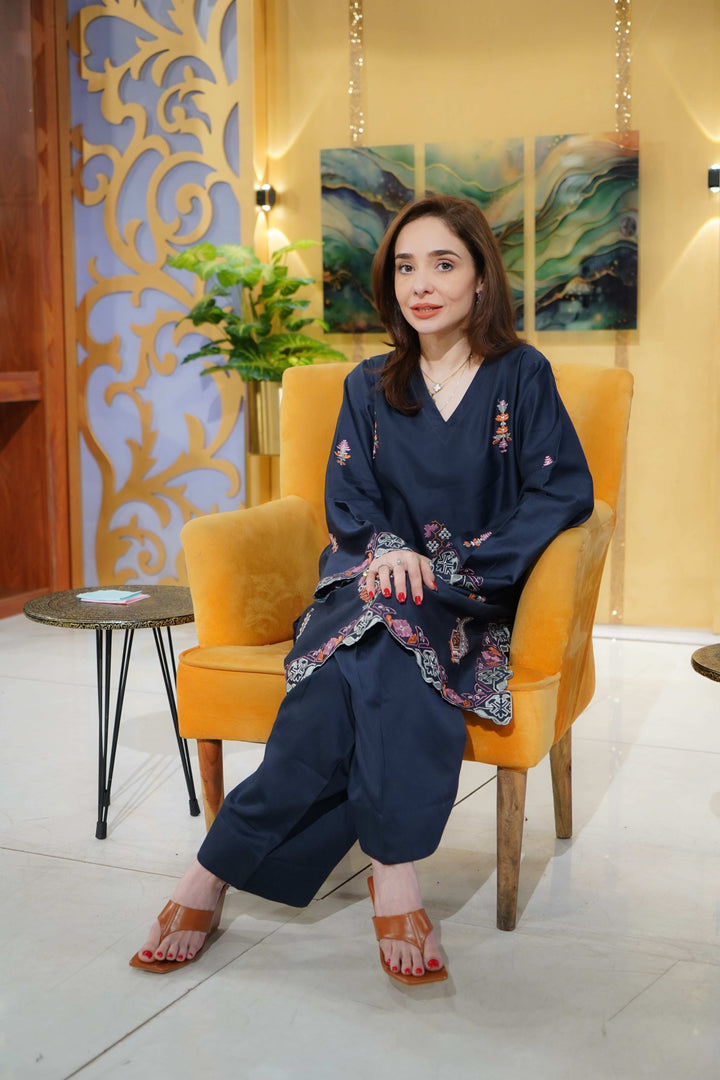2 Piece Cotton Satin Embroidered Co- Ord Set with Farshi Shalwar