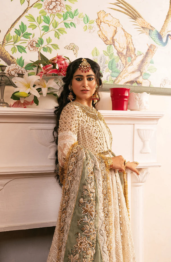 Zeenat - Pearl white pishwas paired with organza dupatta & chooridar