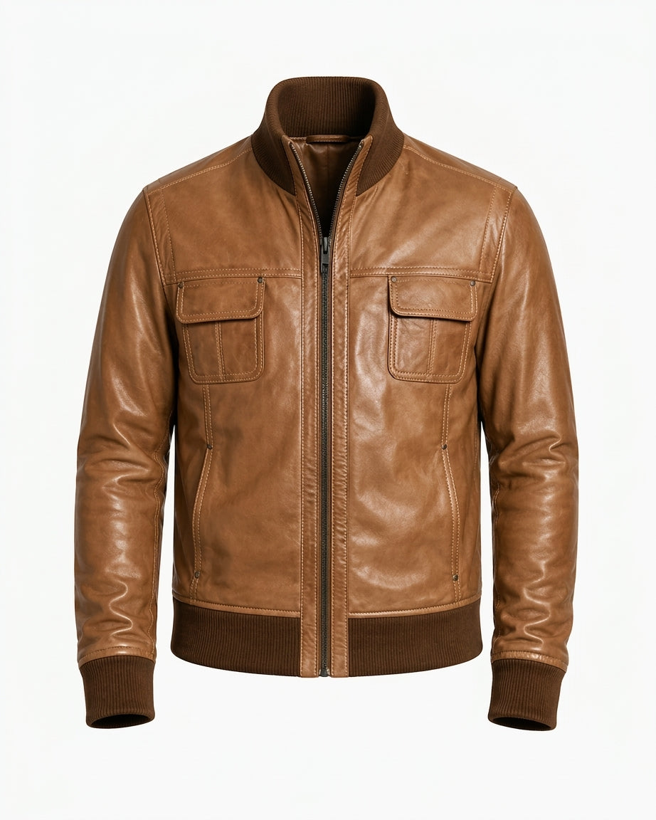 Desert Voyager | Men's Brown Sheepskin Leather Bomber Jacket