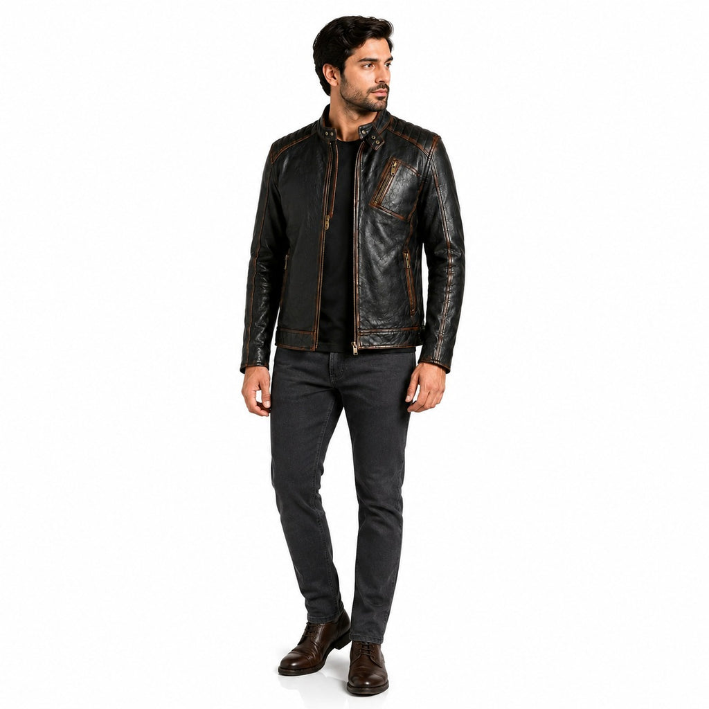 Durham Waxed | Men's Black Leather Biker Jacket with Brown Accents