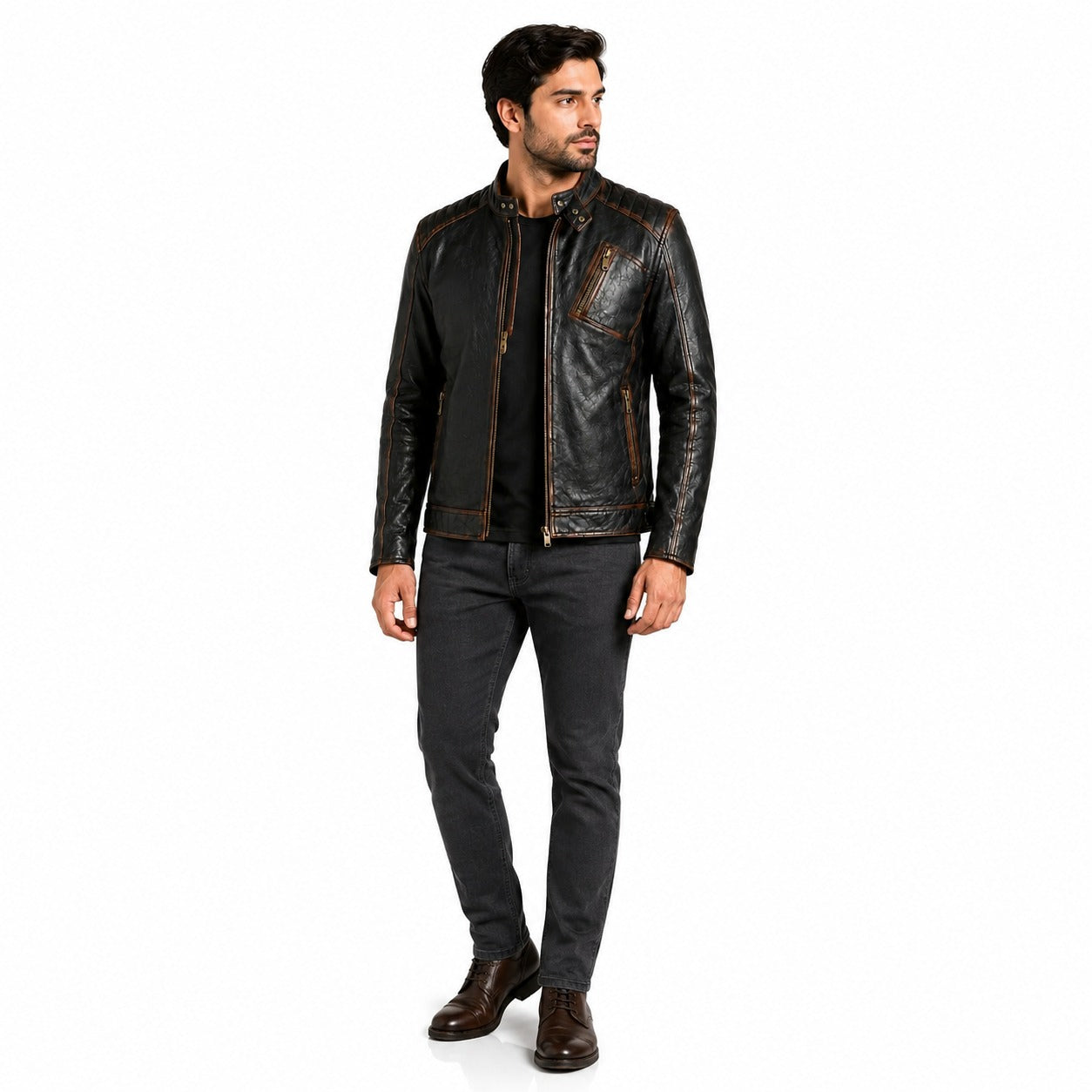Durham Waxed | Men's Black Leather Biker Jacket with Brown Accents