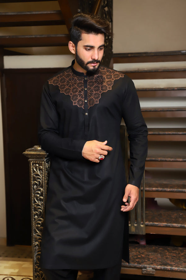 Unstitched Black Chest Embroidered Kameez Shalwar for Men