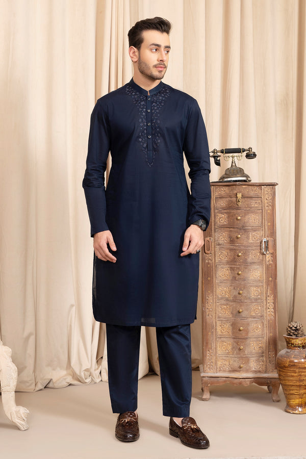 Men Unstitched Navy Front-Galla Embroidered Kameez Shalwar
