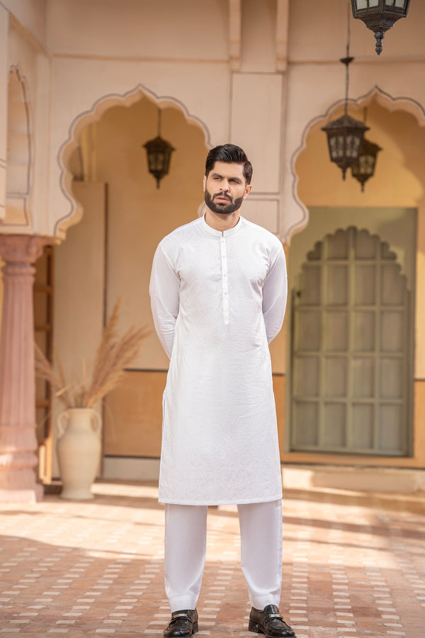 Men Embroidered Unstitch Kameez Shalwar-Off-White