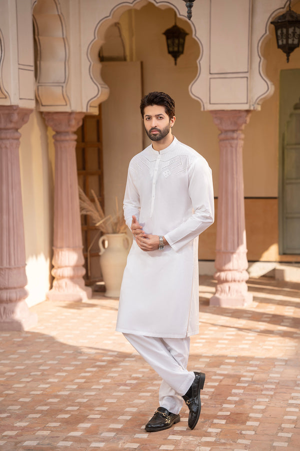 Men Embroidered Unstitch Kameez Shalwar-Off-White