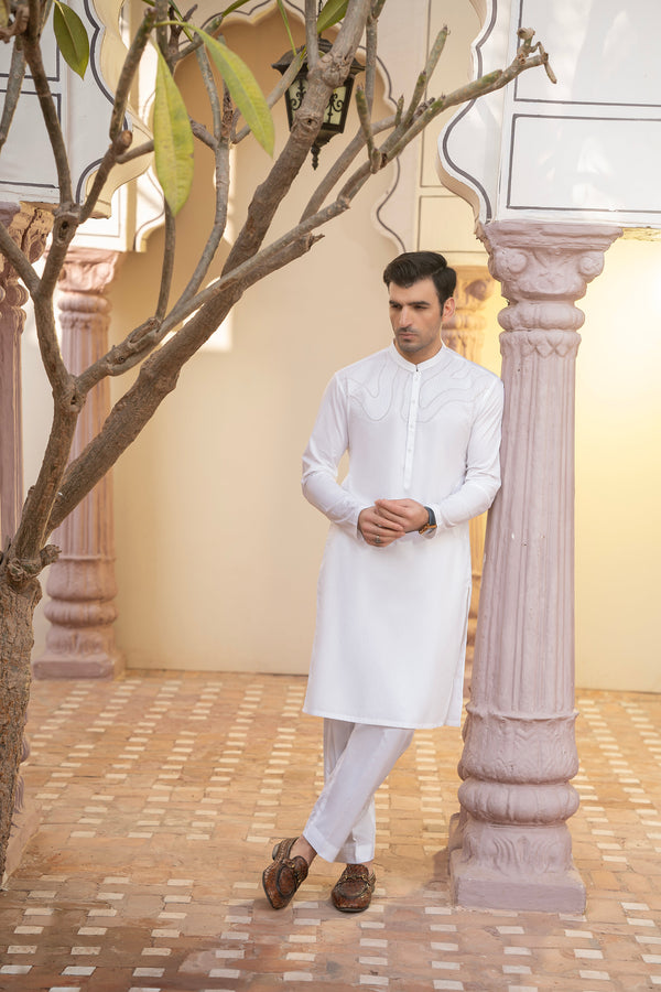 Men Embroidered Unstitch Kameez Shalwar-Off-White