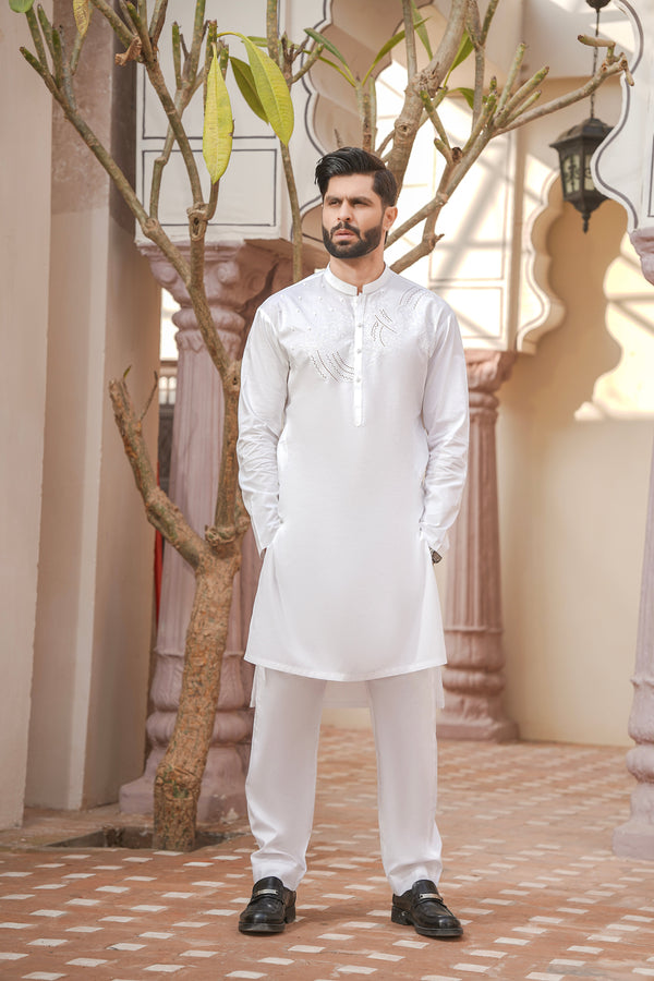 Men Embroidered Unstitch Kameez Shalwar-Off-White