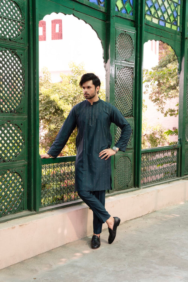 Men Unstitch Formal Embroidered With Allover Pattern  Kameez Shalwar Prussian