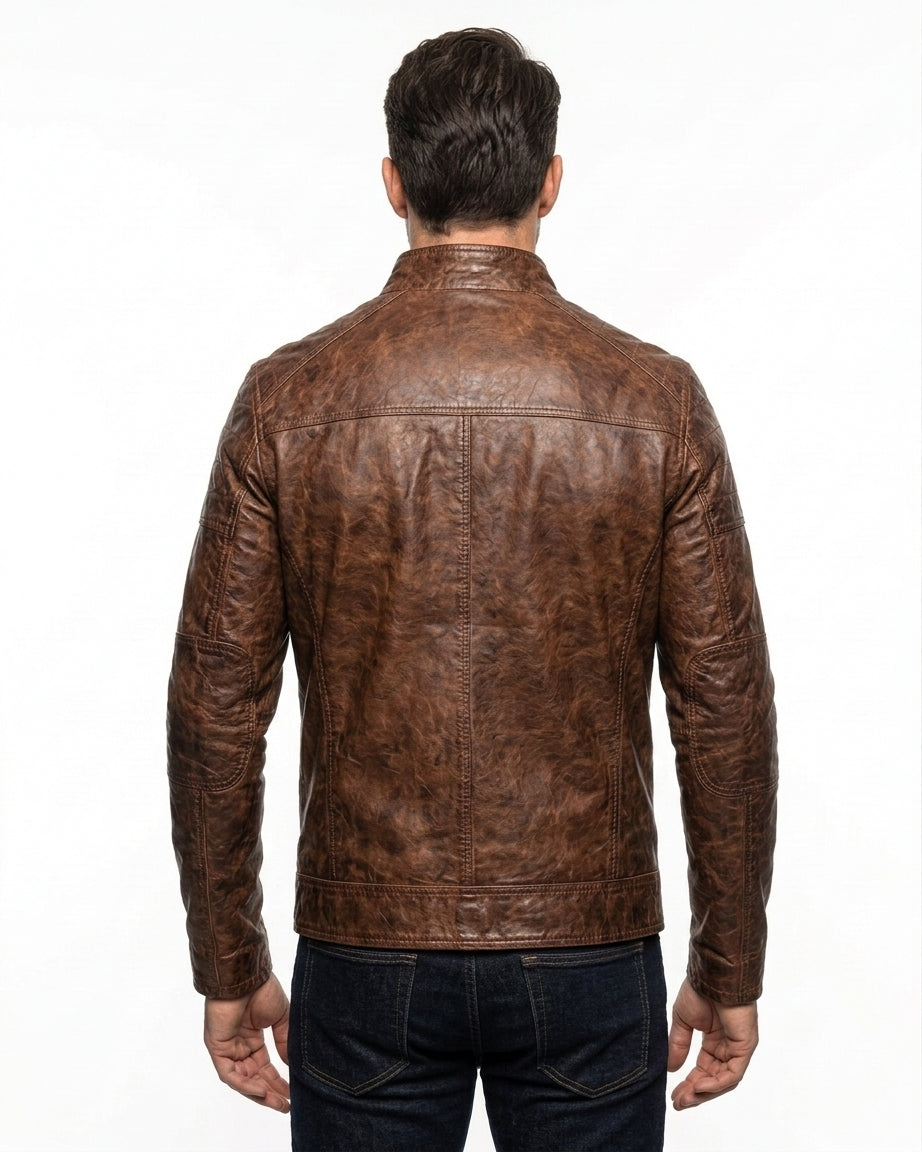 Rebel | Men's Brown Cafe Racer Sheepskin Leather Jacket