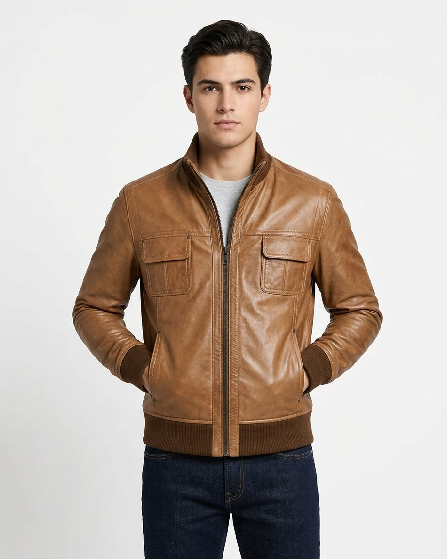 Desert Voyager | Men's Brown Sheepskin Leather Bomber Jacket