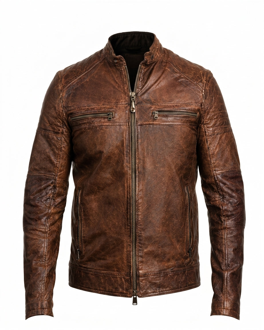 Rebel | Men's Brown Cafe Racer Sheepskin Leather Jacket