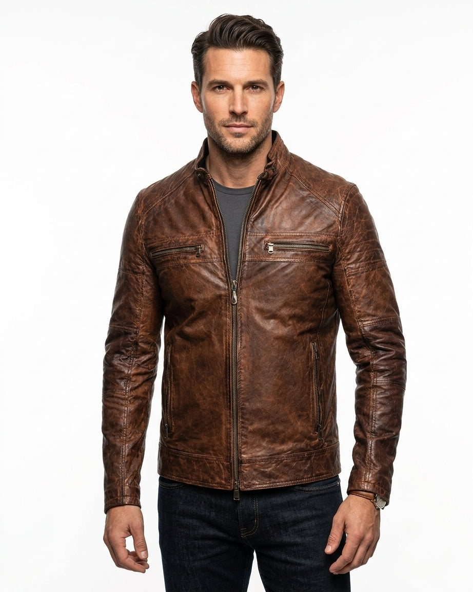 Rebel | Men's Brown Cafe Racer Sheepskin Leather Jacket