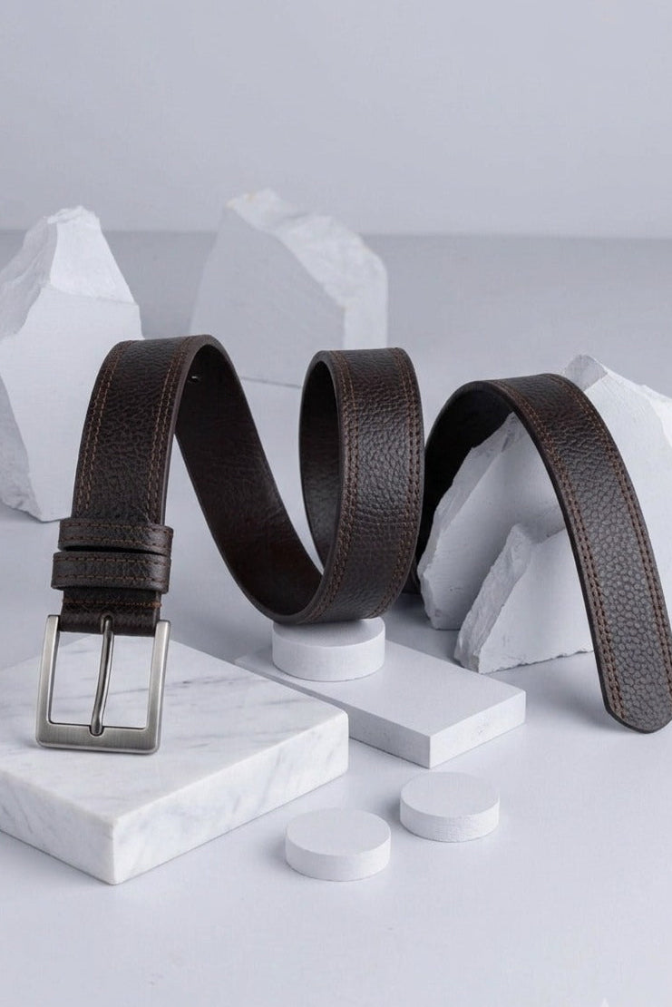 Grey Black Men's Leather Belt Real Leather Stitched
