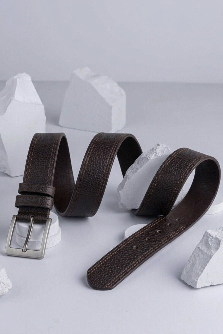 Grey Black Men's Leather Belt Real Leather Stitched