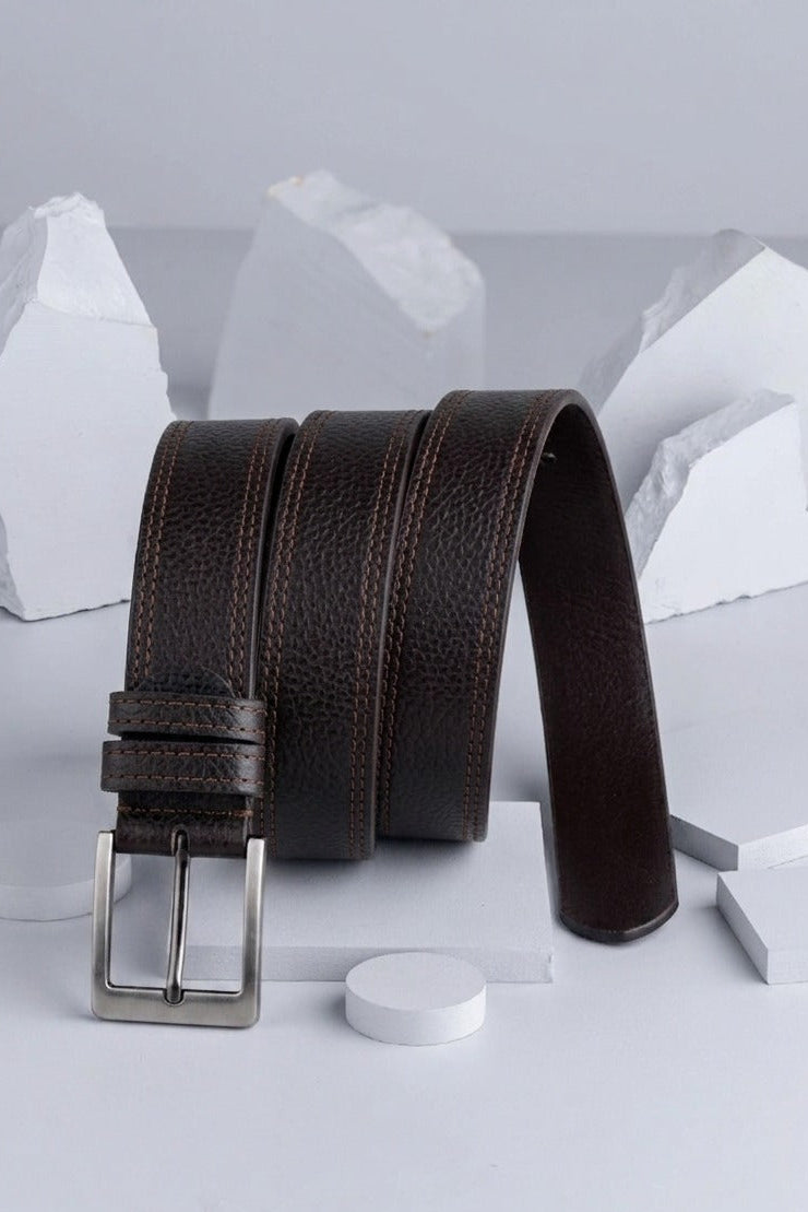 Grey Black Men's Leather Belt Real Leather Stitched