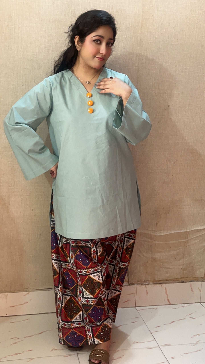 2 Piece Cotton Solid and Printed Co- Ord Set with Farshi Shalwar