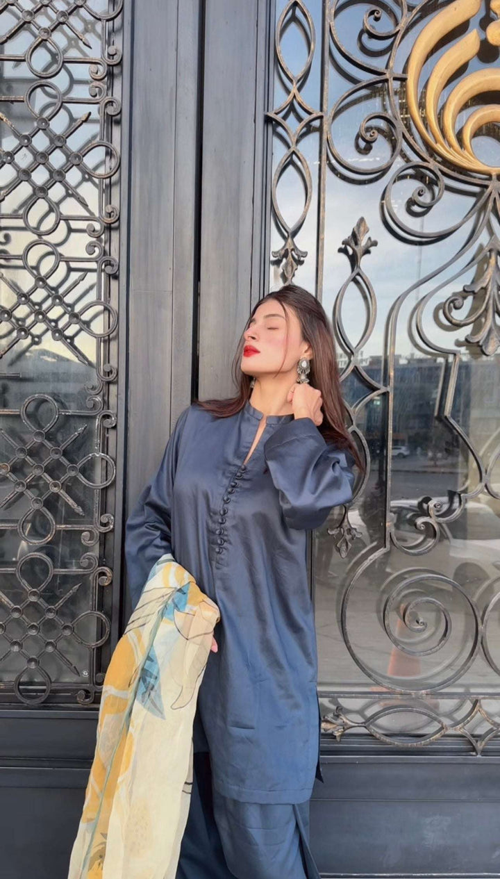 2 Piece Cotton Satin Co- Ord Set with Farshi Shalwar