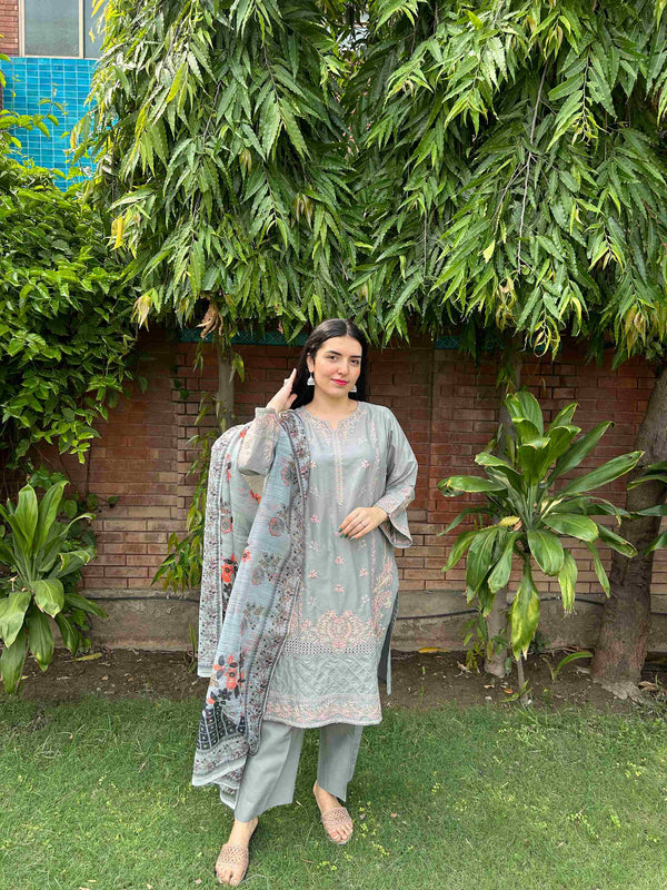 AttirePret: Elegant Stitched 3-Piece - Muted Grey