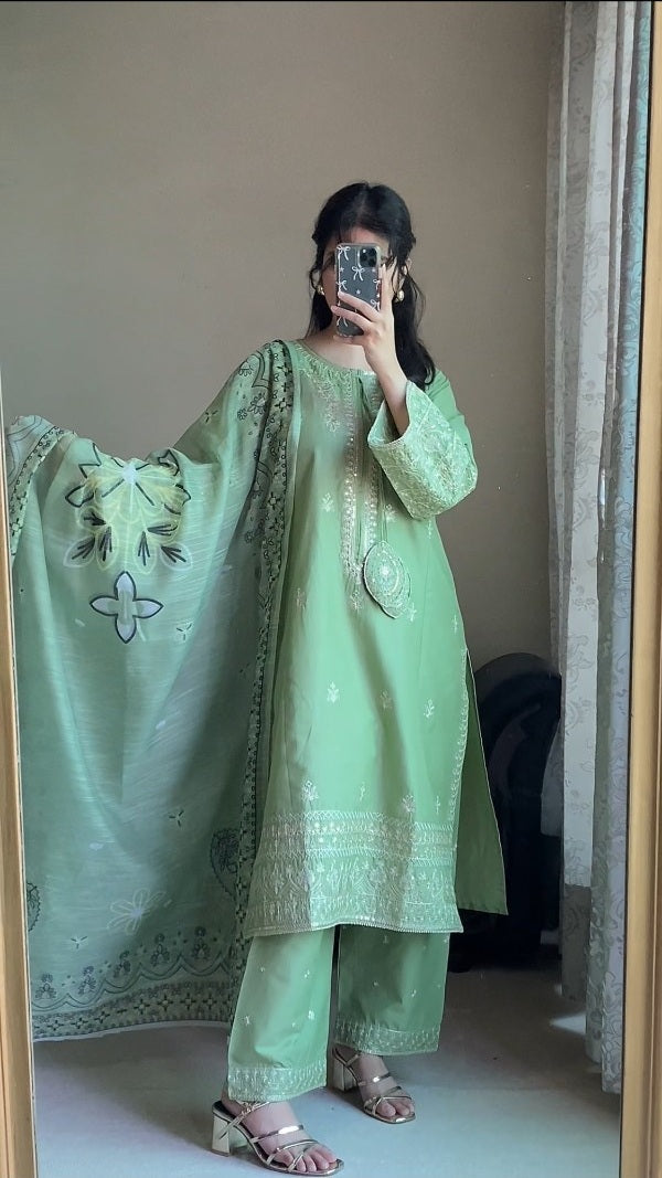 Mint Green 3-Piece Embroidered Cotton Suit – By Attirepret